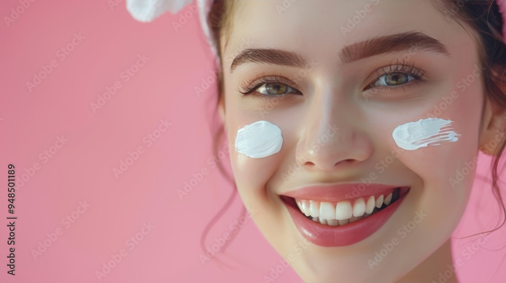 Beautiful woman smile use cream for good skin. face of a healthy woman apply cream and makeup. Advertisement for skin cream, anti-wrinkle, baby face, whitening, moisturizer, tighten pores. Beautiful woman smile use cream for good skin. face of a healthy woman apply cream and makeup. Advertisement for skin cream, anti-wrinkle, baby face, whitening, moisturizer, tighten pores.