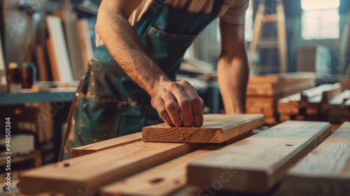 man owner a small furniture business is preparing wood for production. carpenter male is adjust wood to the desired size. architect, designer, Built-in, professional wood, craftsman, workshop.