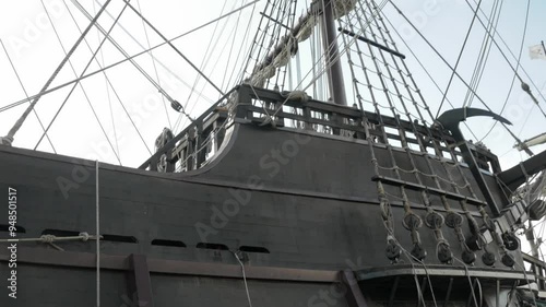 18th century Spanish sailing ship Andalucia, historical reproduction, lookout mast and rope ladder