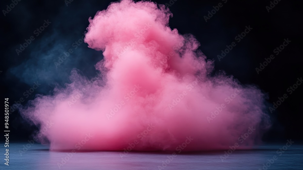 Naklejka premium A plume of pink smoke billows gracefully on a stage against a dark, atmospheric background, creating a mystical and evocative scene enhanced by dramatic lighting.
