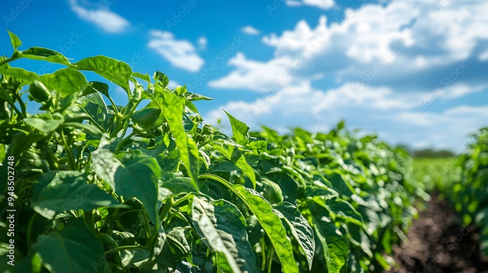 72. **A field of green peppers growing on the vine with a bright blue sky. 72. **A field of green peppers growing on the vine with a bright blue sky.
