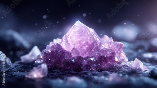 A detailed view of a radiant purple crystal set in a dimly lit environment, highlighting its glittering facets and mystical beauty, symbolizing clarity and spiritual awakening. photo