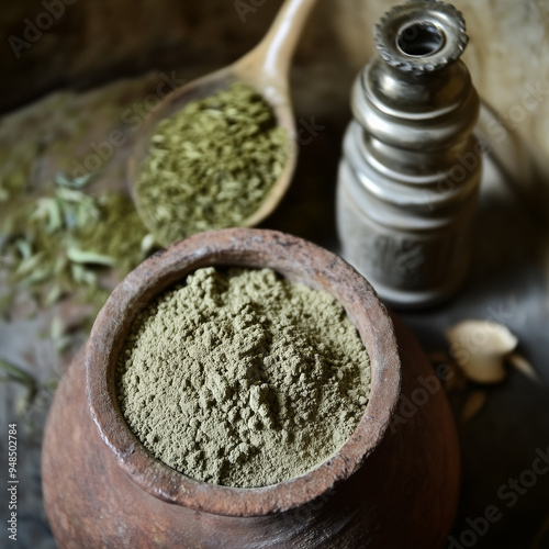  Brahmi powder being prepared and stored in a traditional Ayurvedic medicine cabinet photo