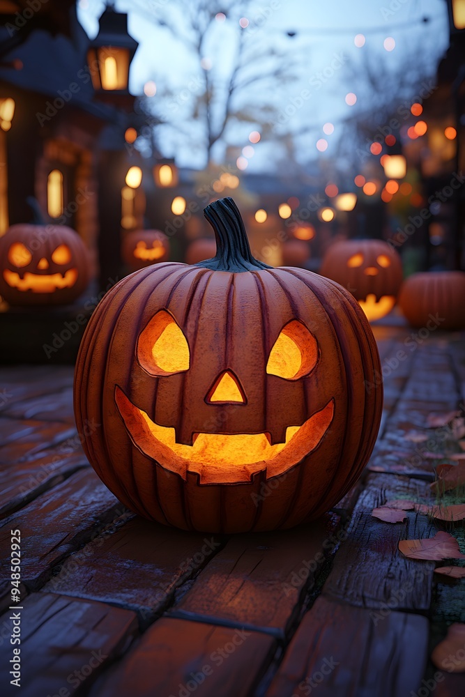 Obraz premium Halloween Pumpkin Parade: A 3D animated scene featuring multiple cartoon pumpkins, each with unique expressions, set in a spooky Halloween environment.