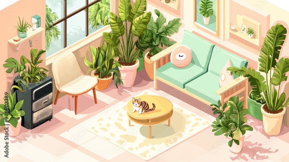 Fototapeta premium Charming isometric interior with kawaii aesthetics. Features pastel-colored walls, a cat, simple furniture, and lush plants for a cozy feel.