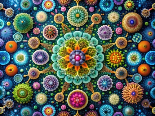 Microbial Kaleidoscope: Vivid, swirling hues depicting diverse microorganisms under the microscope.