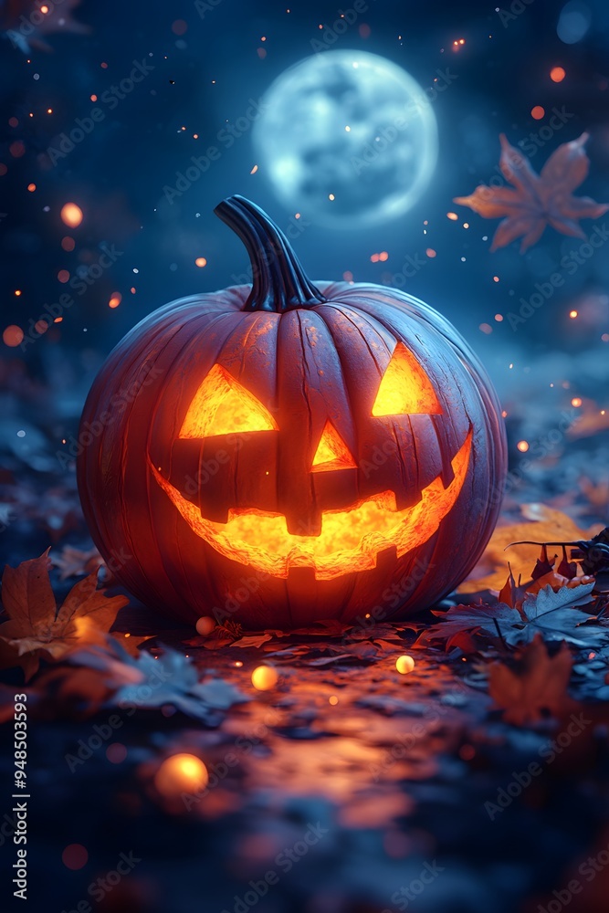 Pumpkin and Moon: A 3D isometric cartoon pumpkin glowing under the light of a full moon, surrounded by soft shadows and Halloween decorations. Pumpkin and Moon: A 3D isometric cartoon pumpkin glowing under the light of a full moon, surrounded by soft shadows and Halloween decorations.