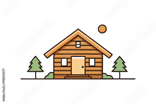 Cartoon-style vector of a cozy wooden cabin in a serene landscape, ideal for branding and decor.