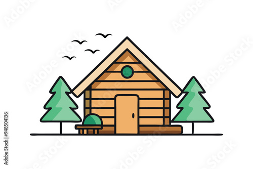 Cartoon-style vector of a cozy wooden cabin in a serene landscape, ideal for branding and decor.