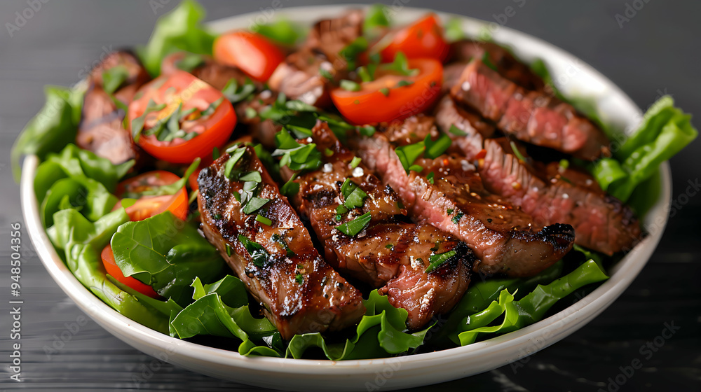 Plate Steak Salad With Lettuce And Tomatoes Plate Steak Salad With Lettuce And Tomatoes