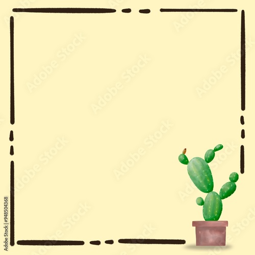 Festive greeting card with flower frame and cactus pot.Watercolor style.
