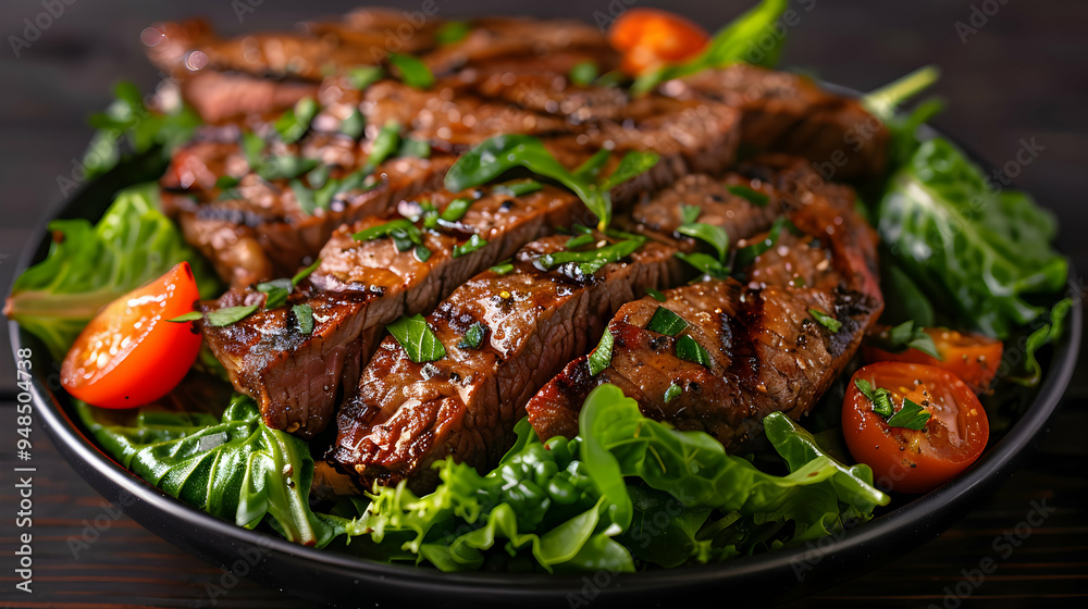 Plate Steak Salad With Lettuce And Tomatoes Plate Steak Salad With Lettuce And Tomatoes