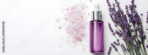 A bottle of purple serum with lavender flowers and pink sea salt on a white background, flat lay, top view, stock photo, aesthetic beauty concept, flat-lay photography,