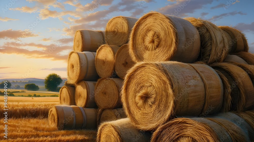 Hay Bales on wheat barley farm field Farming Food Cereal Crop Harvest Countryside Agriculture Industry Hay Bales on wheat barley farm field Farming Food Cereal Crop Harvest Countryside Agriculture Industry