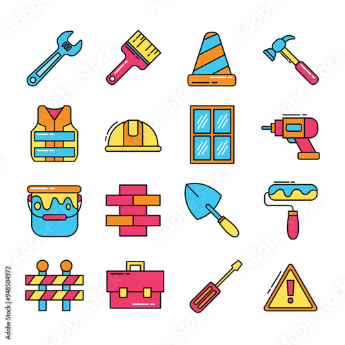 Simple Set of Construction Related Vector Line Icons. Full color Symbol Collection.