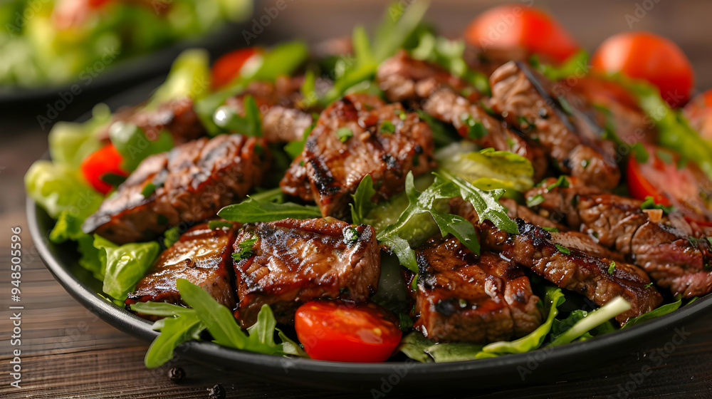 Plate Steak Salad With Lettuce And Tomatoes Plate Steak Salad With Lettuce And Tomatoes