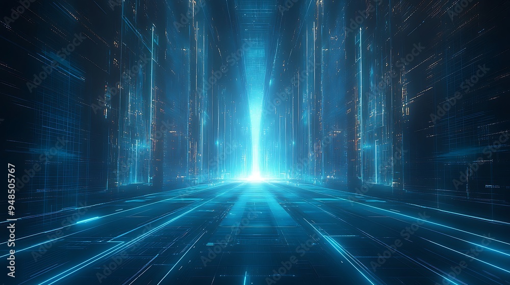 A futuristic, neon-lit digital corridor with glowing blue lights and intricate geometric patterns, evoking a high-tech, cyberpunk aesthetic. A futuristic, neon-lit digital corridor with glowing blue lights and intricate geometric patterns, evoking a high-tech, cyberpunk aesthetic.