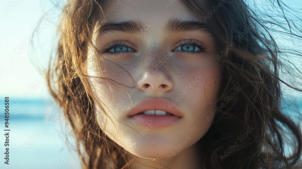 Young woman with ocean breeze in her hair has captivating blue eyes on a beach at sunset