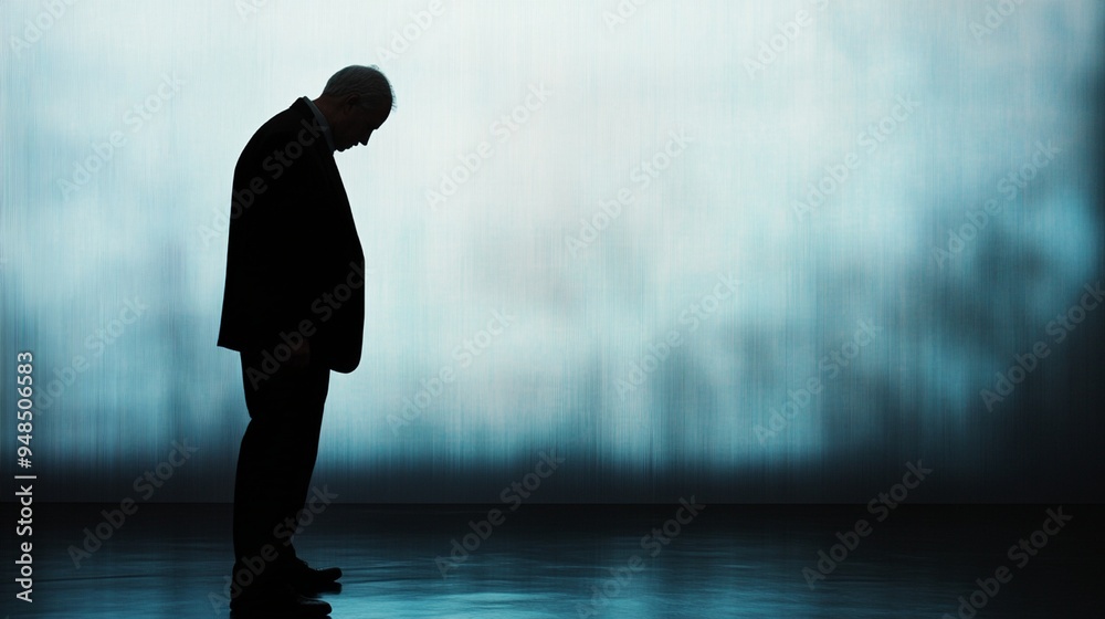 Fototapeta premium Silhouette of a man in deep contemplation amidst financial crisis