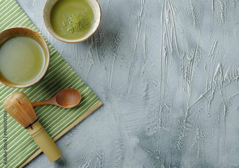 Traditional matcha tea set with bowls and bamboo whisk on a textured gray background Traditional matcha tea set with bowls and bamboo whisk on a textured gray background