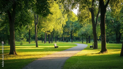 A quiet park with well-maintained paths and open grassy areas, offering a calm atmosphere with space for text