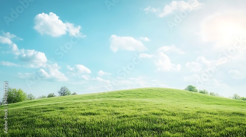 Green Grass Field with Blue Sky and Clouds