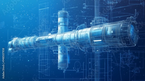 Fototapeta Naklejka Na Ścianę i Meble -  A futuristic spacecraft design featuring technical details and blueprints against a starry background