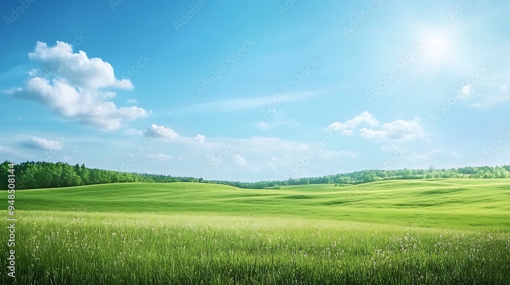 Fototapeta premium Green Meadow under a Bright Blue Sky