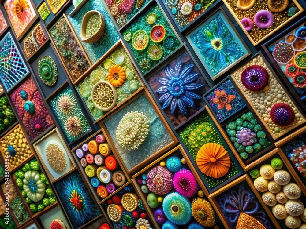Microscopic Tapestries: Intricate textures, vivid colors, abstract patterns, depicting biological specimens under microscopic lens. Microscopic Tapestries: Intricate textures, vivid colors, abstract patterns, depicting biological specimens under microscopic lens.