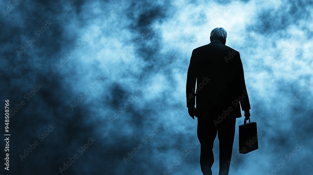 Obraz premium 金融危機の中で深く考え込む男性のシルエットと暗い背景