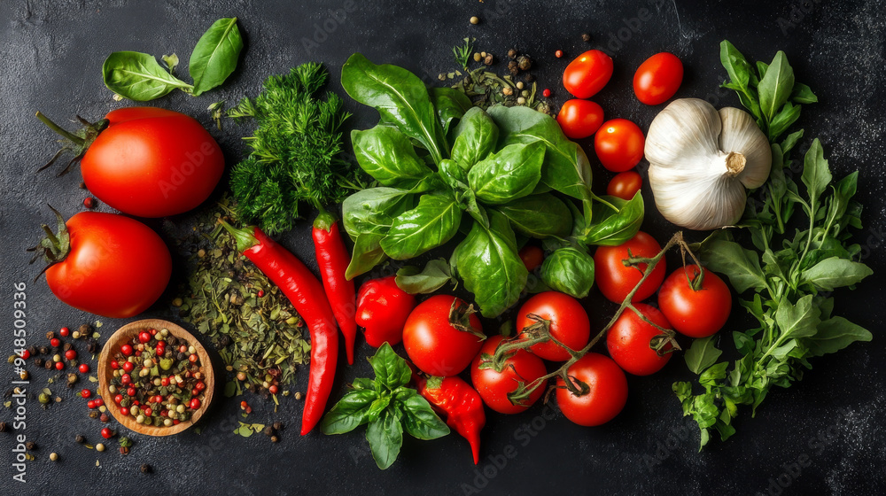 Top view of fresh vegetables with herbs and spices. Top view of fresh vegetables with herbs and spices.