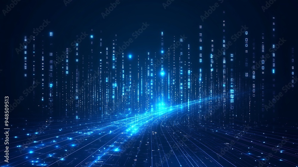 Abstract digital technology background with luminous binary data streams and futuristic matrix grid on a dark blue backdrop. Abstract digital technology background with luminous binary data streams and futuristic matrix grid on a dark blue backdrop.