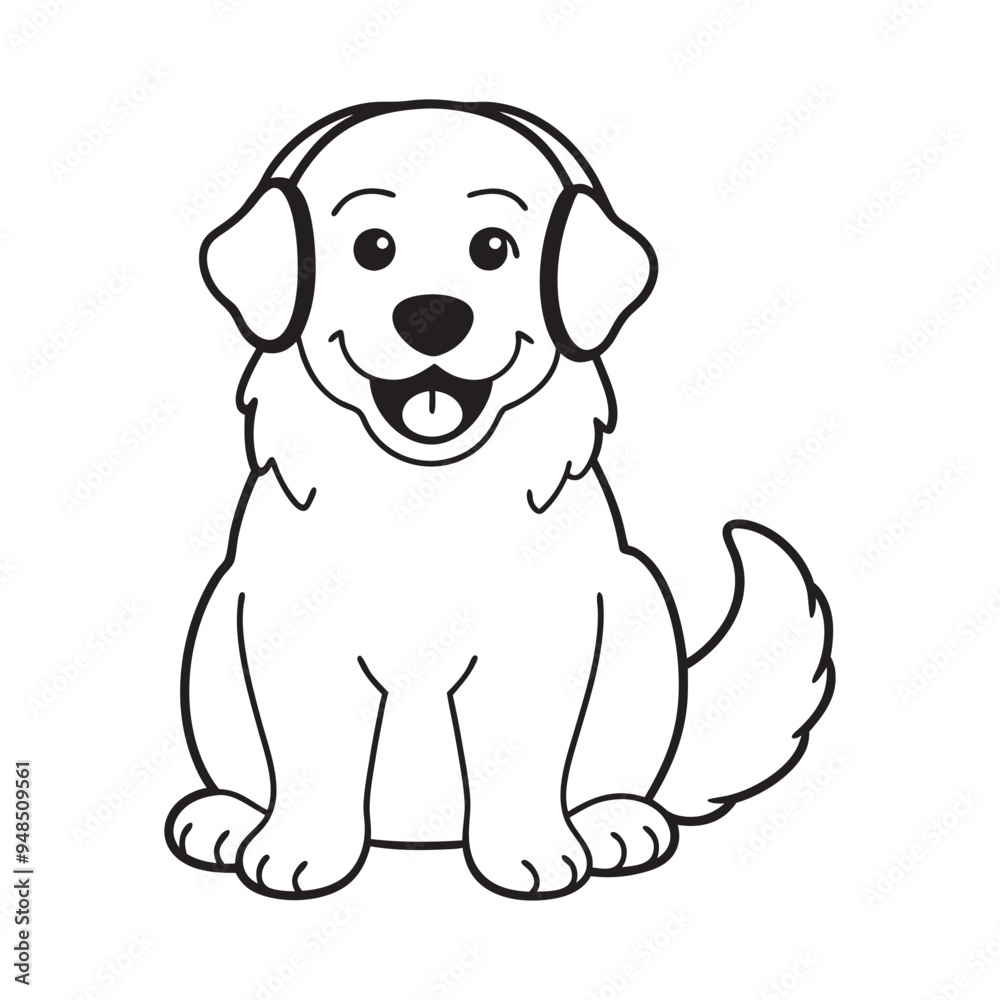 Fototapeta premium A delightful and vibrant illustration of a cheerful golden full body retriever with headphones, appears to be enjoying some lively music as it sits on a clean, white background.