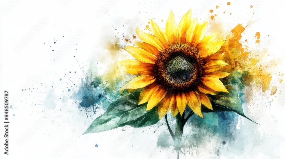 Artistic sunflower with watercolor foliage and flowers, set on a white background, perfect for a colorful and creative visual Artistic sunflower with watercolor foliage and flowers, set on a white background, perfect for a colorful and creative visual