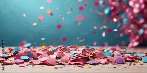 colorful celebration background with party confetti on pink back. photo