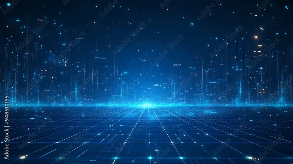 Abstract futuristic digital landscape with a grid and glowing particles symbolizing technology, connectivity, and data visualization.