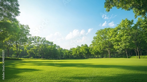 Beautiful park landscape with clear skies and green spaces, featuring plenty of copy space for versatile design