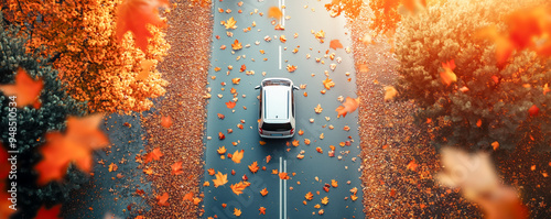 drone view to car moving on beautiful asphalt road with dividing lines with many colourful autumn maple leaves falling from the trees