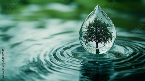 A single water drop with an intricate tree inside, floating on calm waters against a green background, symbolizing the environment and the sustainability of clean energy technology photo