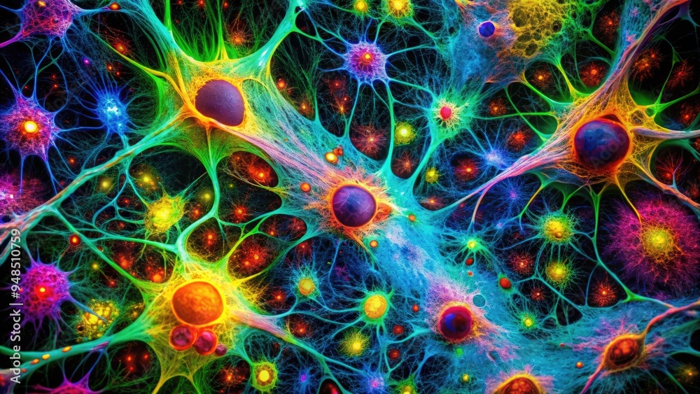 Microscopic view of fluorescently stained tissue sample, revealing ...