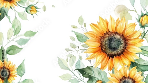 Beautiful sunflower with watercolor foliage and flowers on a white background, creating a bright and cheerful design