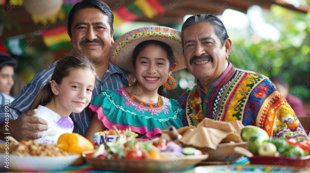 Mexican parents and beautiful daughter Wearing traditional costumes, the party happily eats on the table together. Celebrate Cinco de Mayo happily at home. Mexican parents and beautiful daughter Wearing traditional costumes, the party happily eats on the table together. Celebrate Cinco de Mayo happily at home.