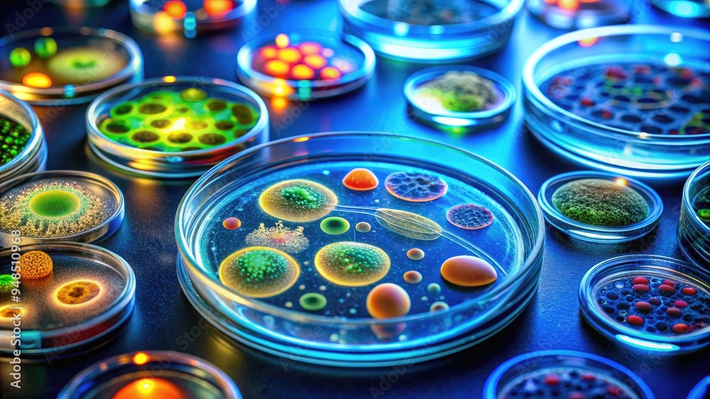 Microscopic view of petri dish containing various cellular structures, including nuclei and mitochondria, under fluorescent lighting for biological cells analysis and research studies. Microscopic view of petri dish containing various cellular structures, including nuclei and mitochondria, under fluorescent lighting for biological cells analysis and research studies.