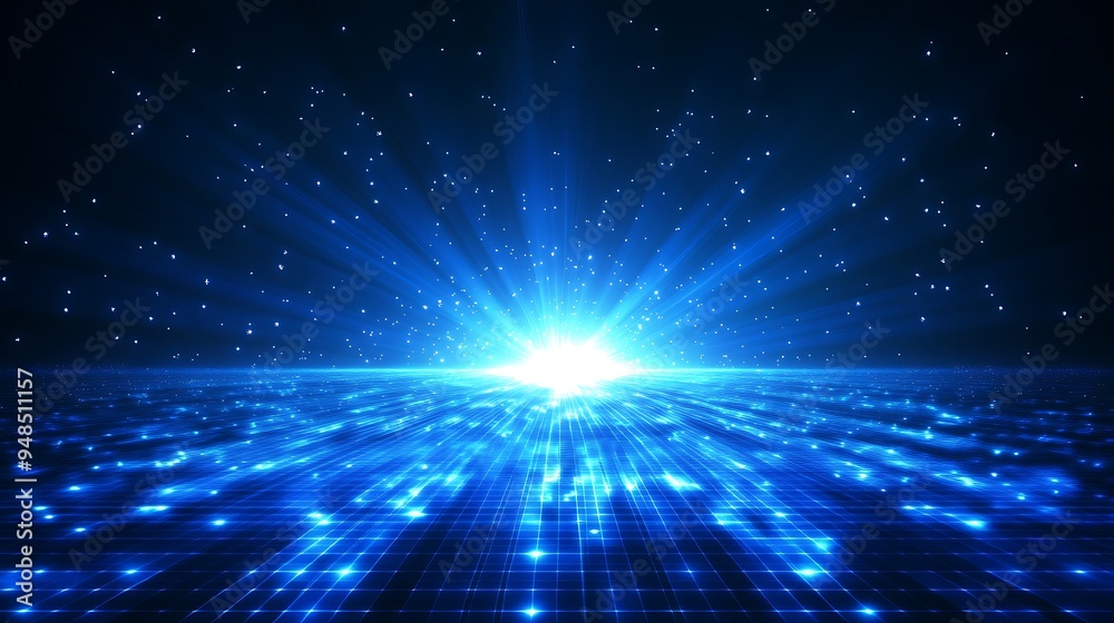 Naklejka premium Bright blue digital explosion with a burst of light and glowing pixels, symbolizing technology, innovation, and the future of computing.