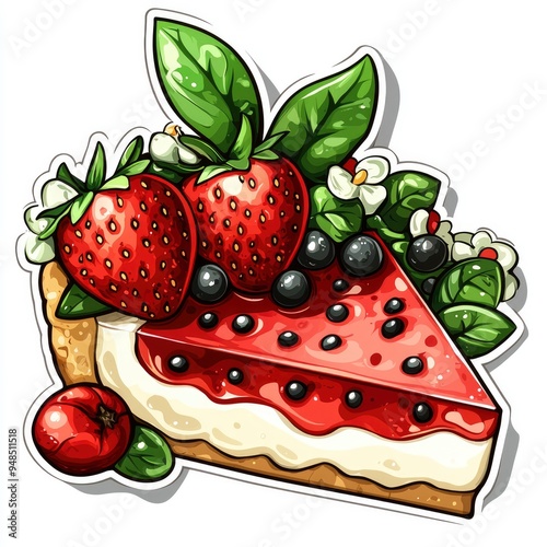 Delicious Strawberry Cheesecake with Blueberries and Mint Leaves