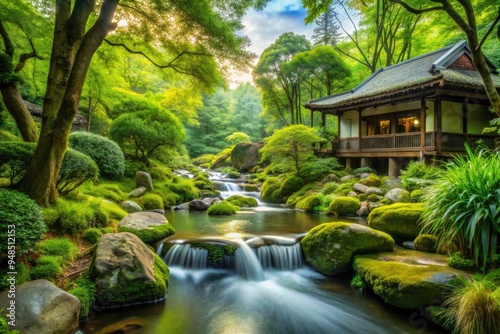 Mindfulness Oasis: Verdant greens, flowing streams, tranquil settings representing a serene refuge for mental clarity and present-moment awareness.
