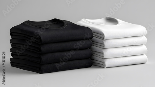 T-shirt Mockup: A simple stack of black and white square t-shirts, neatly folded on a white background, showcasing the contrast between light and dark tones.