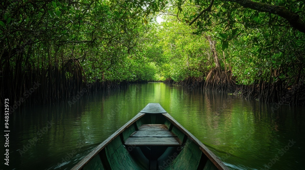 A peaceful rowboat glides through a dense mangrove forest, with calm waters reflecting the lush greenery, creating a serene and tranquil scene A peaceful rowboat glides through a dense mangrove forest, with calm waters reflecting the lush greenery, creating a serene and tranquil scene