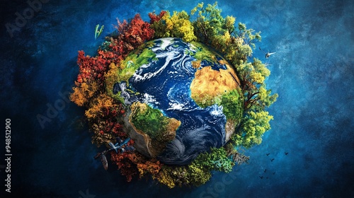 An artistic representation of Earth with various biomes depicted in vibrant colors