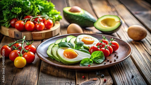 Minimalist wooden table setting with avocado, tomatoes, and eggs on a plate, surrounded by keto diet ingredients and a blurred green natural background. photo